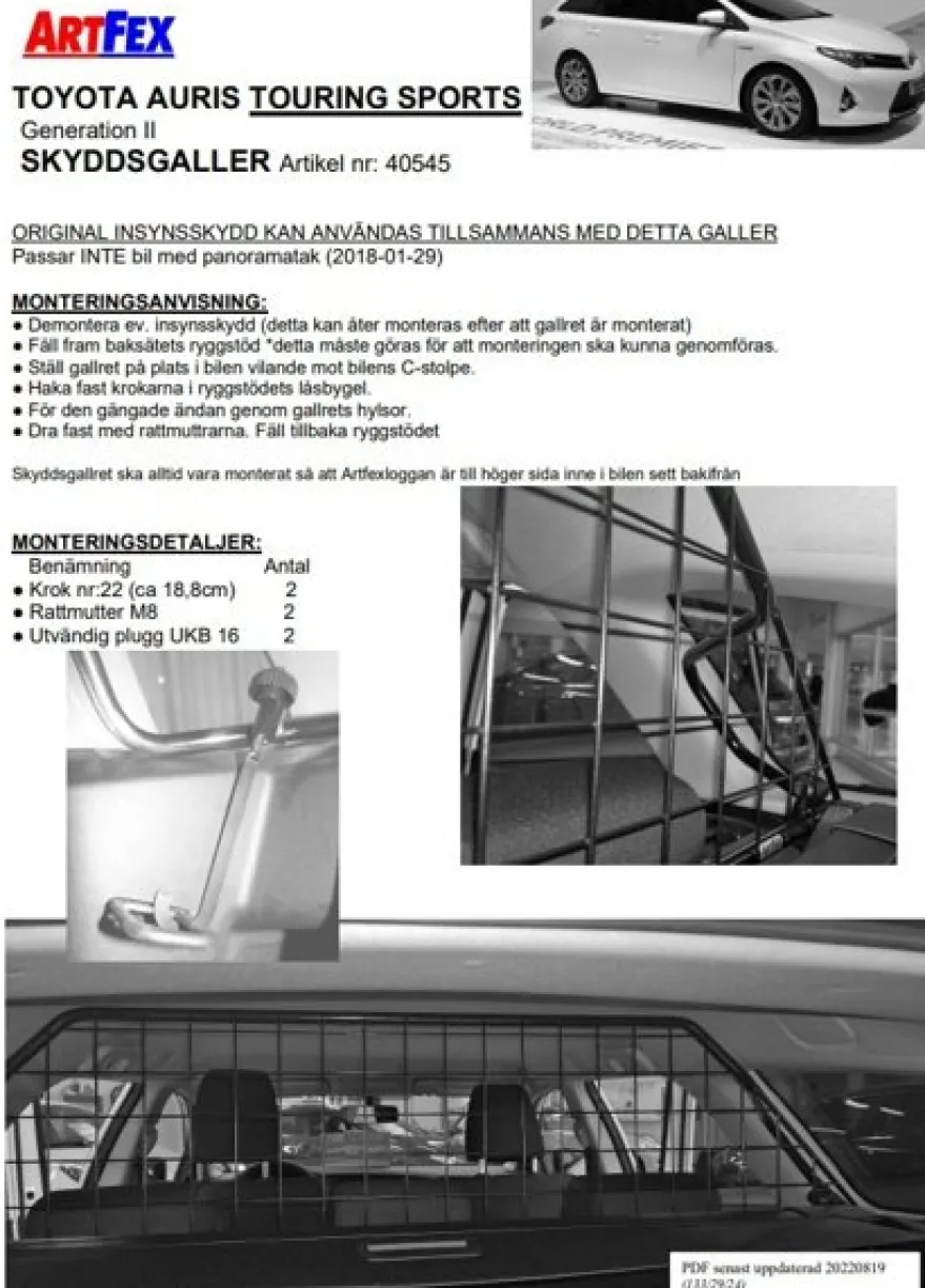 Artfex Lastgaller / Hundgaller Toyota Auris Touring Sports 2013-2019
