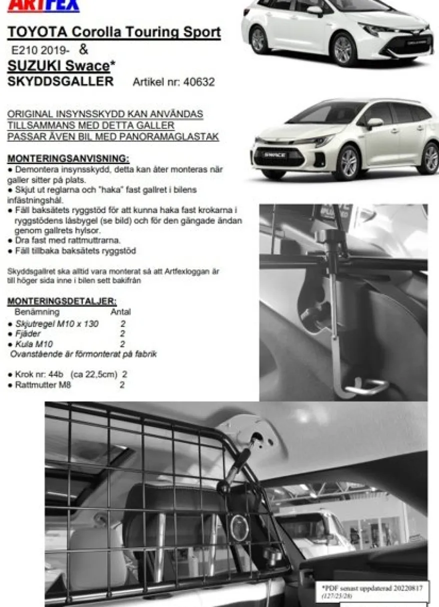 Artfex Lastgaller / Hundgaller Toyota Corolla Touring E210 Suzuki Swace 2019->